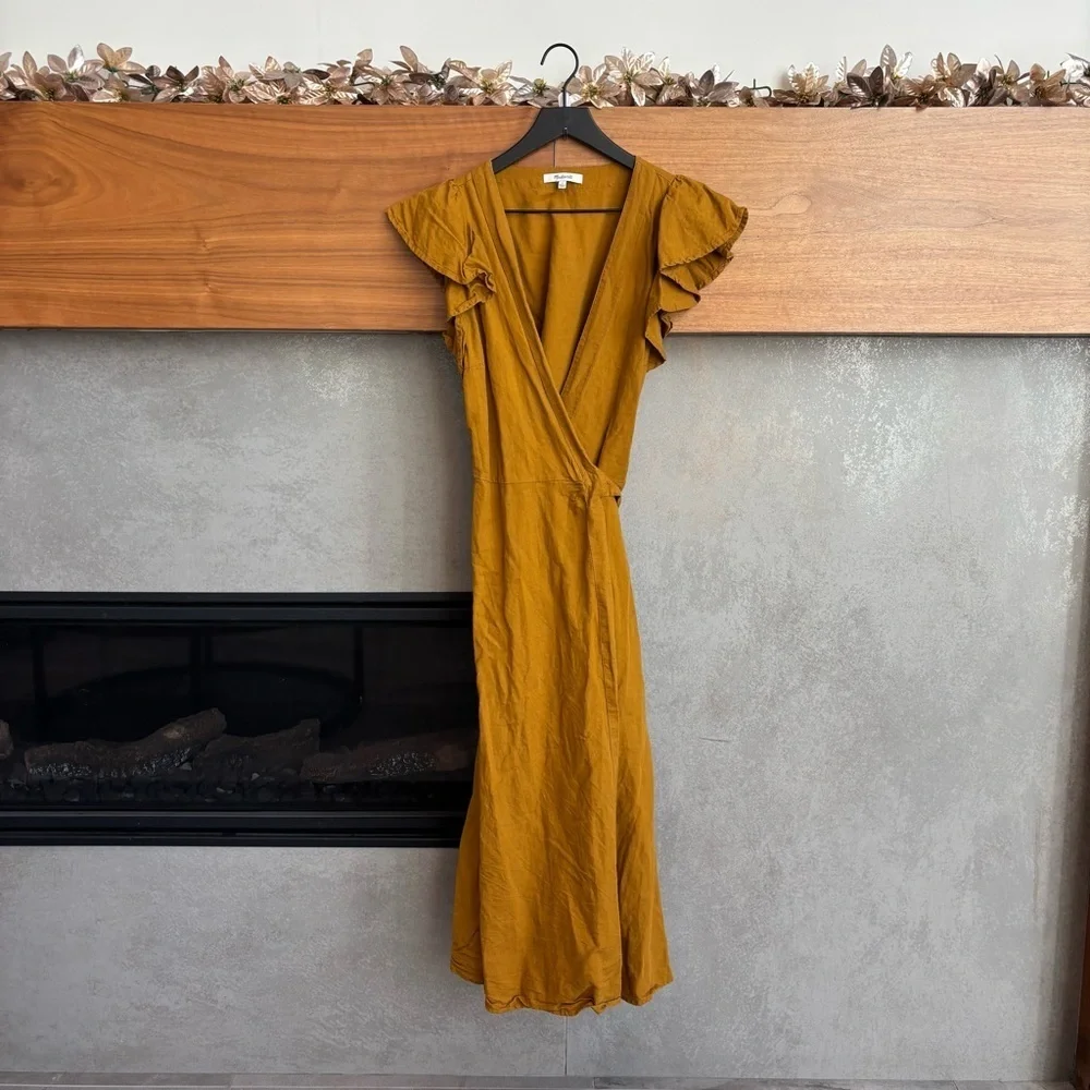 Madewell Linen-Blend Ruffle-Sleeve Wrap Midi Dress, Size S
